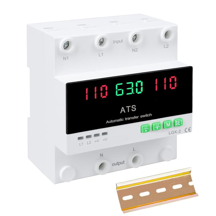 63A 110V Automatic/Manual Transfer Switch, Dual Power Selector with LED Display, L1 Priority, DIN Rail Mount,50/60Hz CE Certified ATS for Generator and Backup Power