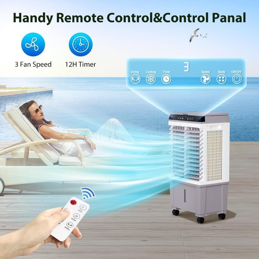 Evaporative Air Cooler, LifePlus 1800CFM Cooling Fan Tower Fan Swamp Cooler with Remote Control, 3 Speed Wind 5.3 Gallon Water Tank 4 Ice Boxes 12H Timer for Room Commercial Office
