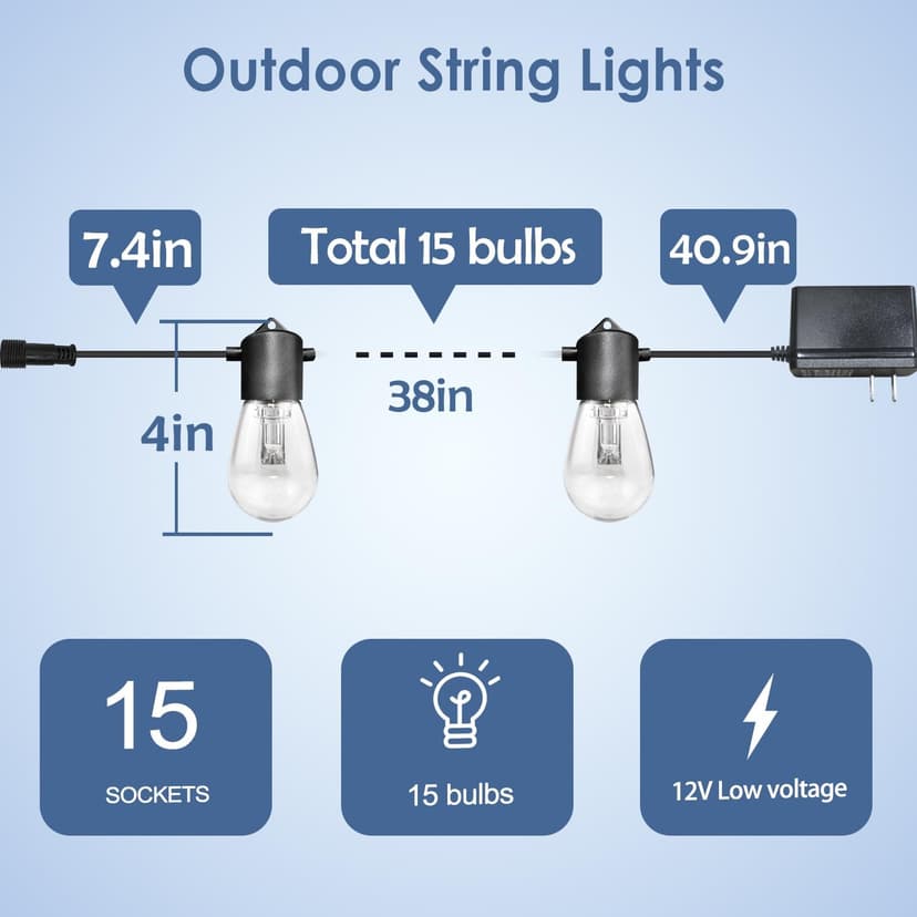 GANA 12V Low Voltage & Safe LED Outdoor String Lights,48FT 15 Shatterproof Bulbs, 2200K Warm White Pergola Lights for Your House's, Garden, Fence, Porch,Balcony,and Bistro