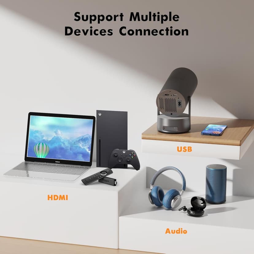 Portable Outdoor Projector with Battery, Mini Projector with WiFi and Bluetooth, 1080P Supported, Auto Keystone, Electric Focus, 180° Rotatable, Suitable for Camping, Family Gatherings, Party