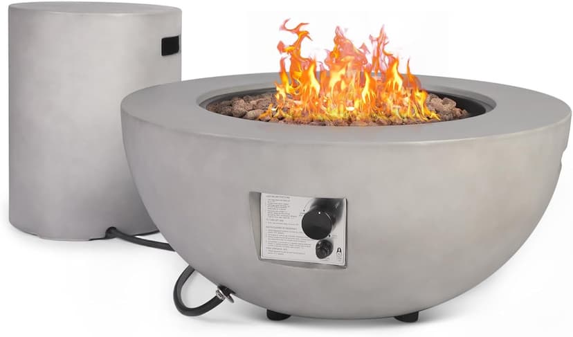 31.5 Inch Outdoor Propane Fire Pit Table 2-Piece 50,000 BTU Gas Fire Pit Concrete Round Burner Tank Cover Fire Coffee Table with Lid for Garden,Deck-31.5" Grey
