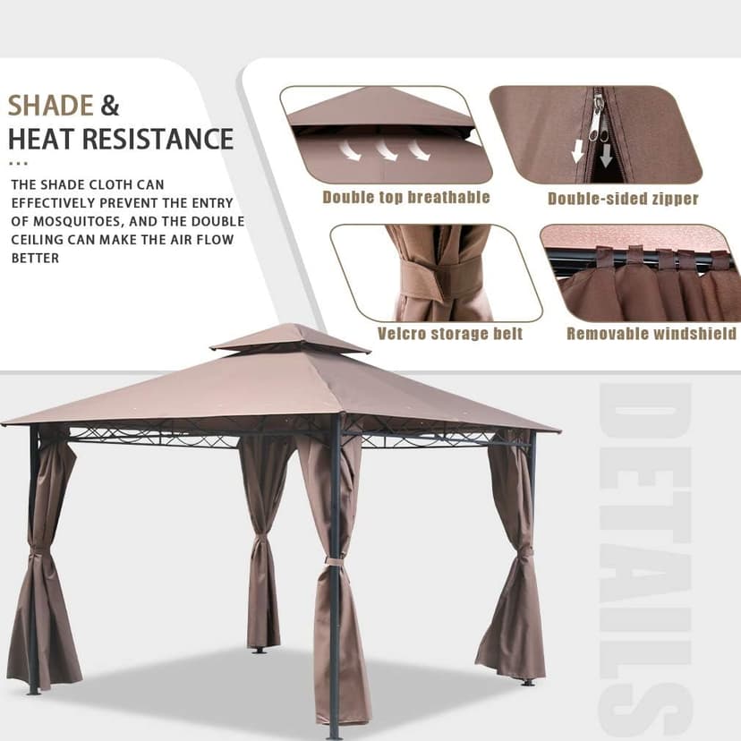10'x10' Outdoor Patio Gazebo Heavy Duty Steel Frame Canopy with Double Roof, Privacy Curtains, for Garden, Backyard, and Lawn (Brown)