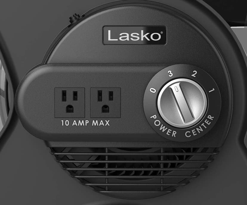 Lasko 12” Utility Fan for Job Site or Home Use, 289 CFM, Pivoting High Velocity Blower Fans, 3 Speeds, 2 Accessory Outlets 120V, Black, U12104