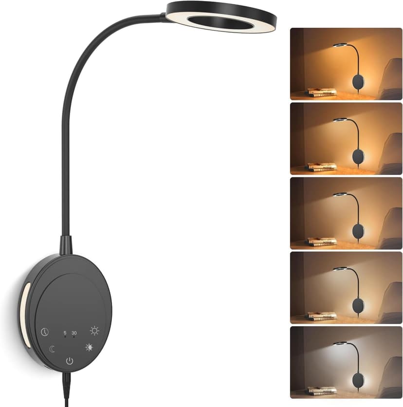 Wall Mounted Reading Light,Bedside Headboard Lights with 5 Color Temperature &5 Dimming,360°Flexible Gooseneck,USB Output, Night Light&Timer Function- Perfect for Reading (Black)