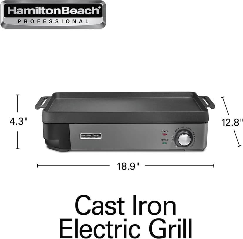 Hamilton Beach Professional Cast Iron Indoor Electric Grill & Griddle, 10" x 16" Preseasoned Cooking Surface, Adjustable Temperature up to 450° F, Black (38560)