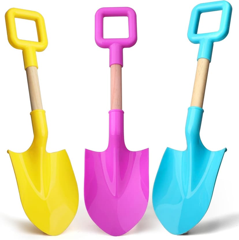Beach Sand Toys 16" Shovels for Kids Adults, 16 Inch Spade Scoop Gardening Tools, Sandbox Kit Wood Handle Spade for Garden Outdoor Snow Backyard Summer 3 Gift Pack Pink Yellow Blue