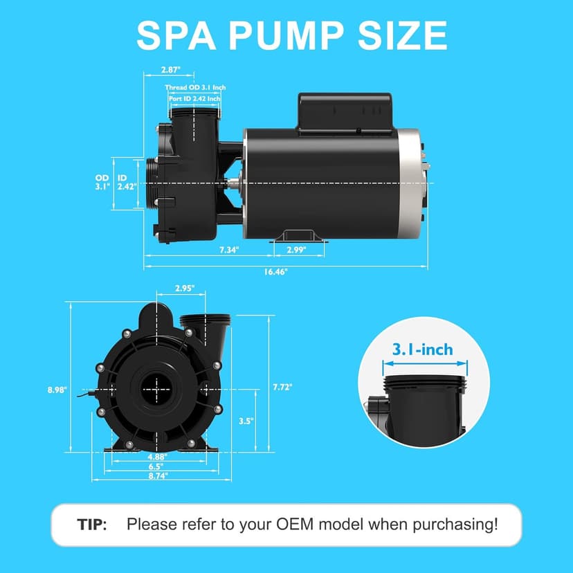 SPA Pump, 4HP Hot Tub Pump - 2 Speed LX SPA Pump Motor 220-240V, 2" Port, 56 Frame (Model: 56WUA400-II)