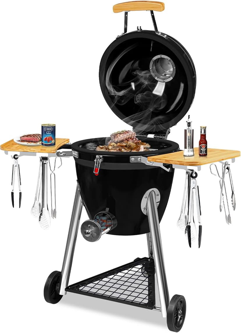 Large Kamado Charcoal Grill, Charcoal Grill with Smoker and Locking Lid, Kamado Charcoal Grill with Side Tray, Easy to Move and Clean, 18 Inches Large Charcoal Grills for Outdoor Cooking
