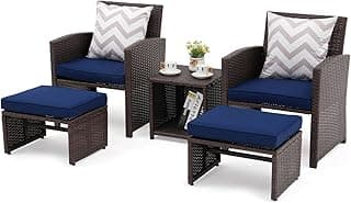 OC Orange-Casual 5 Pcs Patio Conversation Set Balcony Furniture Set with Cushions, Brown Wicker Chair with Ottoman, Storage Table for Backyard, Garden, Porch, Blue