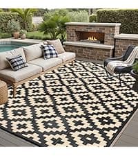 Outdoor Rug Mats, Large Waterproof Outdoor Area Rug, Reversible Portable Outdoor Plastic Straw Carpet for RV Deck Camping Front Door Indoor Outside Porch Picnic (5x8ft Geometric Black&White)