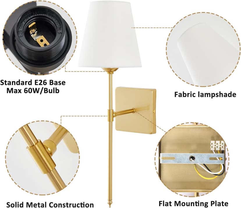 Wall Sconces Sets of 2, White Fabric Shades Wall Sconces, Hardwired Retro Industrial Wall Lamps, Bathroom Vanity Sconces Wall Lighting, Wall Mounted Lamps for Bedroom Living Room Kitchen Mirror