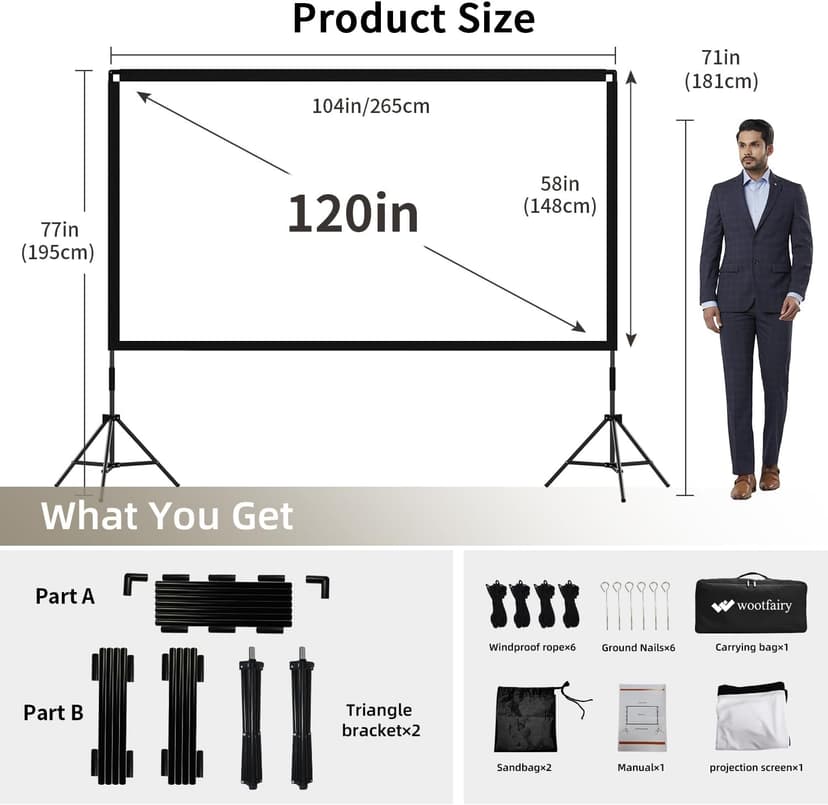 Projector Screen with Stand, Wootfairy 120 inch Portable and Foldable Indoor Outdoor Projection Screen 16:9 4K HD Rear Front Wrinkle-Free Movie Screen with Carry Bag for Home Theater Backyard Cinema