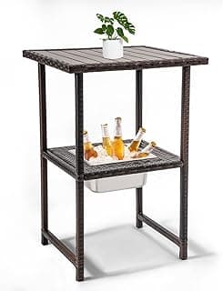 Sundale Outdoor Wicker Bar Table with Ice Bucket, Patio Counter Height Rattan Pub Table, All Weather High Top Bistro Table for Outside Deck Porch Balcony Poolside, Variegated Brown