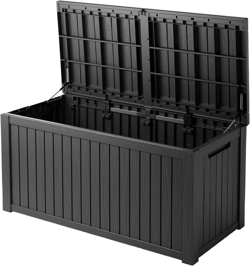150 Gallon Waterproof Deck Box, Lockable Resin Storage Box for Patio Furniture Cushions Garden Tools and Outdoor Delivery Storage, Black