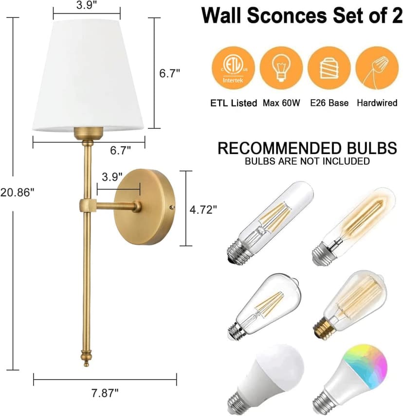 Bsmathom Wall Sconces Sets of 2, Classic Brushed Brass Sconces Wall Lighting, Hardwired Bathroom Vanity Light Fixture with Fabric Shade for Bedroom Living Room Hallway Kitchen, Gold