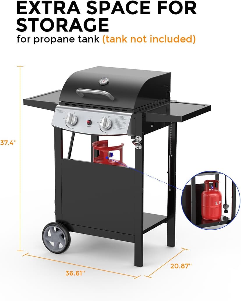 Cowsar 2 Burner BBQ Propane Gas Grill, Stainless Steel 20000 BTU, Equipped with Sides Burner and 4 Wheels for Easy Mobility, Ideal for Outdoor Kitchens and Backyard Patio Barbecues