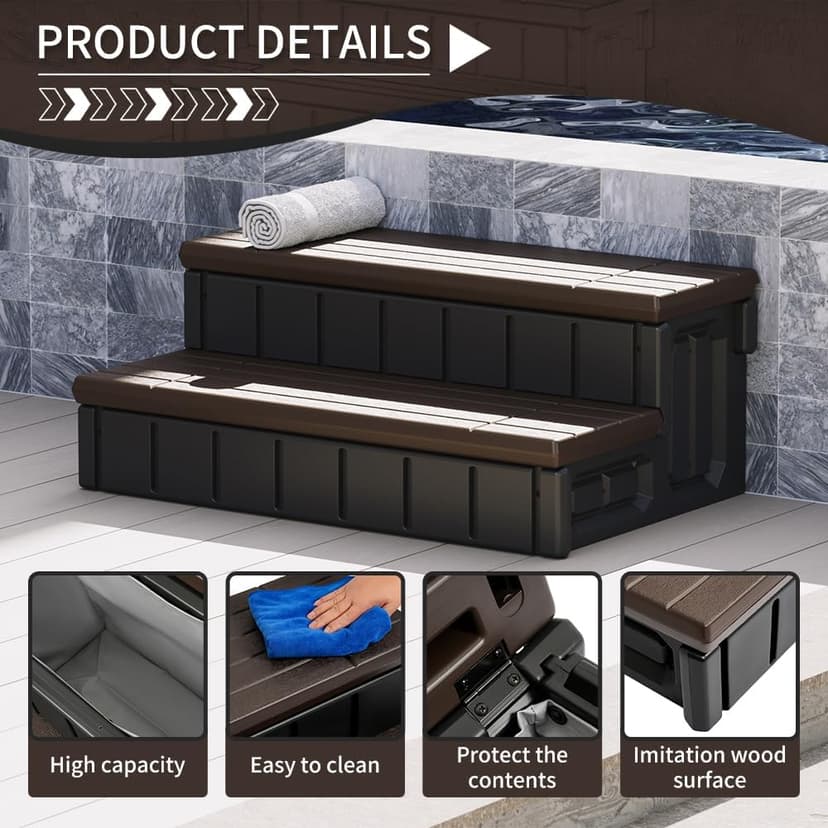 KUAFU Universal Spa Hot Tub Step with Storage Outdoor Indoor Compartment Spa 2-Step Stool Pool Ladder Plastic Handi Step Slip Resistant Striped Brown+Black