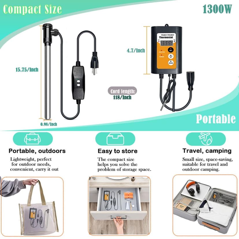 1300W Portable Submersible Titanium Water Heater with Gfci Plug, Immersion Water Heater with Thermostat for Bathtub, Bucket, Spa, Min Pool, Small Inflatable Hot Tub Water Heaters Parts
