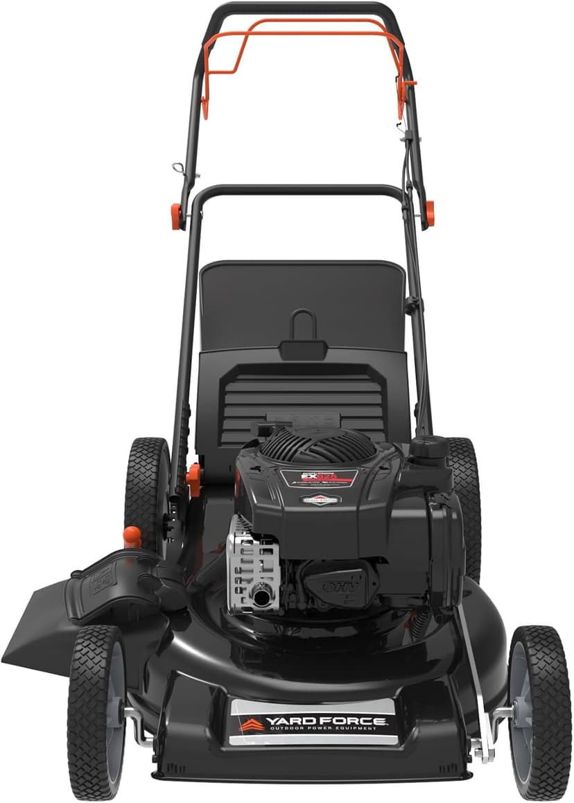 Yard Force Self Propelled Lawn Mower Briggs & Stratton 150cc Gas Engine 22-inch Steel Deck 3-in-1 Mulch, Bag, Side Discharge, 12-inch High Rear Wheels
