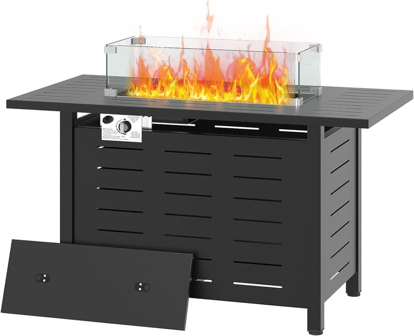 Aoxun 44 Inch Propane Fire Pit 50,000 BTU Outdoor Gas Fire Table with Waterproof Cover and Glass Wind Guard, Rectangular Steel Firepit Table with Lid and Lava Rock for Outdoor, Patio, Backyard