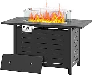 Aoxun 44 Inch Propane Fire Pit 50,000 BTU Outdoor Gas Fire Table with Waterproof Cover and Glass Wind Guard, Rectangular Steel Firepit Table with Lid and Lava Rock for Outdoor, Patio, Backyard
