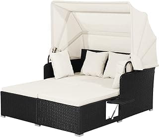 HAPPYGRILL Outdoor Hand-Woven PE Wicker Daybed Patio Loveseat Sofa Set with Retractable Canopy & 2 Side Tables, Outdoor Sun Lounger with Soft Cushions