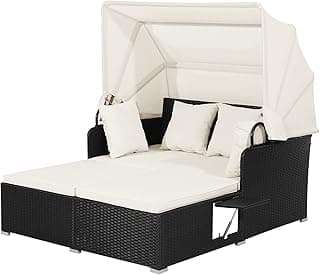 HAPPYGRILL Outdoor Hand-Woven PE Wicker Daybed Patio Loveseat Sofa Set with Retractable Canopy & 2 Side Tables, Outdoor Sun Lounger with Soft Cushions