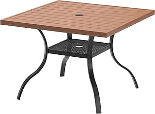 DIFY Outdoor Patio Dining Table for 4, 38.6" Square Patio Table with All-Weather Faux Wood Tabletop and Metal Steel Frame, Outside Table for Garden Porch Backyard, Walnut