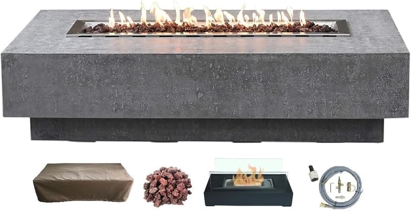 AMS Fireplace | Elementi | Large Rectangular Natural Gas Fire Pit Table | Free Tabletop Lantern | with Canvas Cover, Lava Rocks, and Gas Key Valve | Fuel: Natural Gas, Hampton - Light Grey