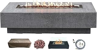 AMS Fireplace | Elementi | Large Rectangular Natural Gas Fire Pit Table | Free Tabletop Lantern | with Canvas Cover, Lava Rocks, and Gas Key Valve | Fuel: Natural Gas, Hampton - Light Grey