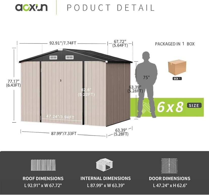 Aoxun 8’ x 6’ Outdoor Metal Storage Shed, Steel Utility Tool Shed Storage with Lockable Doors, Metal Sheds Outdoor Storage for Backyard, Garden, Lawn and Patio, Brown