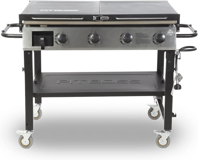 PIT BOSS PB757GD Four Burner LP Fold Over Side Shelves 36" Gas Flat Top Griddle with Fitted Cover, 4 Deluxe, BLACK