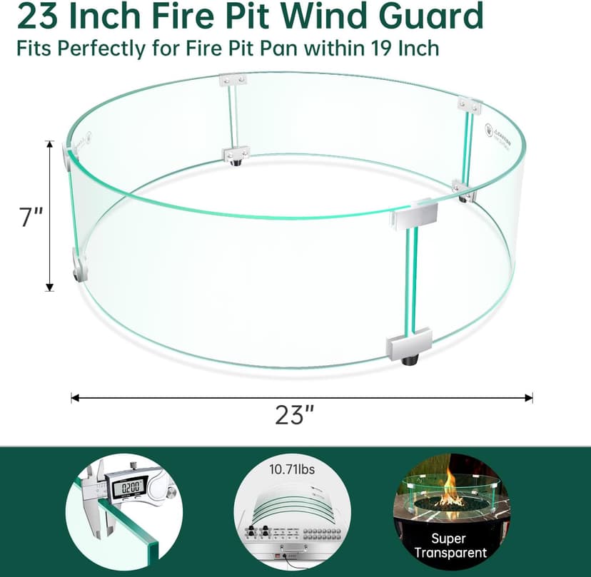 Fire Pit Wind Guard - 23" x 23" x 7" Round Fire Pit Glass Wind Guard for Outdoor Gas Fire Pit Table, Thick and Durable Tempered Glass w/Hard Aluminum Corner Brackets, Easy Assembly
