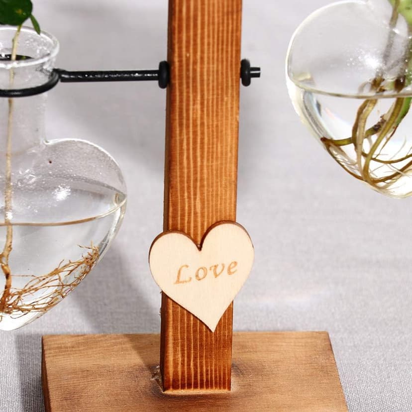 Kingbuy Hydroponic Glass Vase Vintage Desktop Plant Terrarium Planter Bulb Vase Water Planting Propagation Vase Planters Hydroponics Plants with Retro Wooden Stand Home Garden. (E（2 Heart Vase）)