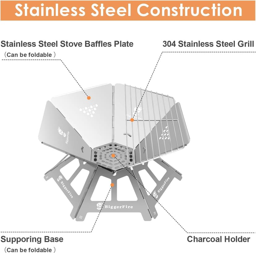 Foldable Portable Fire Pit,Stainless Steel Fire Pits with Charcoal Grill Net and Storage Bag,Camping Fire Pit Grill for Patio Outdoor Barbecue Campfire Bonfire