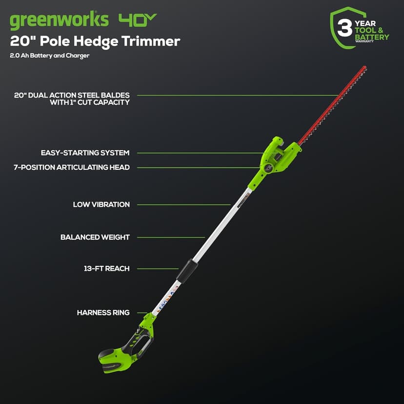 Greenworks 40V 20" Cordless Pole Hedge Trimmer, 2.0Ah Battery and Charger Included