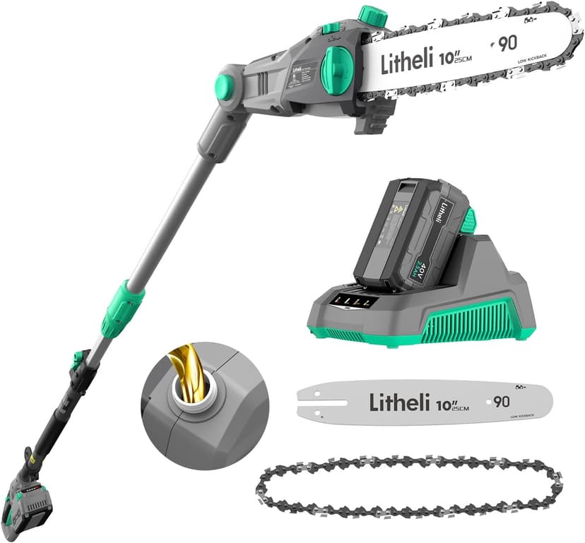 Litheli Cordless Pole Saw, 40V 2.5Ah Battery Pole Saws for Tree Trimming, 10-Inch Pole Saw Battery Powered 16ft/s Cutting Speed Auto Oiling Multi-Angle Electric Pole Chainsaw(Battery&Charger Included)