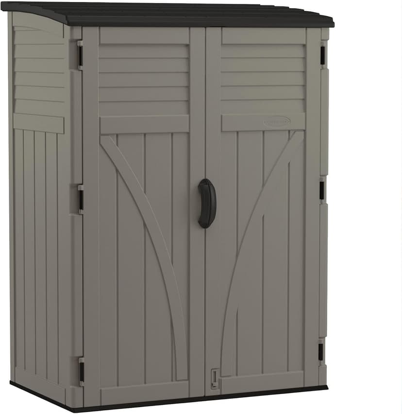 Suncast 54 Cubic Ft. Vertical Resin Outdoor Storage Shed with Lockable Double Doors, Weather-Resistant Multi-Wall Panels, Customizable Shelving, Stoney, Made in the USA