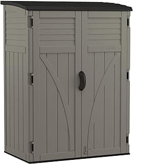 Suncast 54 Cubic Ft. Vertical Resin Outdoor Storage Shed with Lockable Double Doors, Weather-Resistant Multi-Wall Panels, Customizable Shelving, Stoney, Made in the USA
