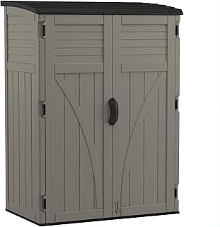 Suncast 54 Cubic Ft. Vertical Resin Outdoor Storage Shed with Lockable Double Doors, Weather-Resistant Multi-Wall Panels, Customizable Shelving, Stoney, Made in the USA