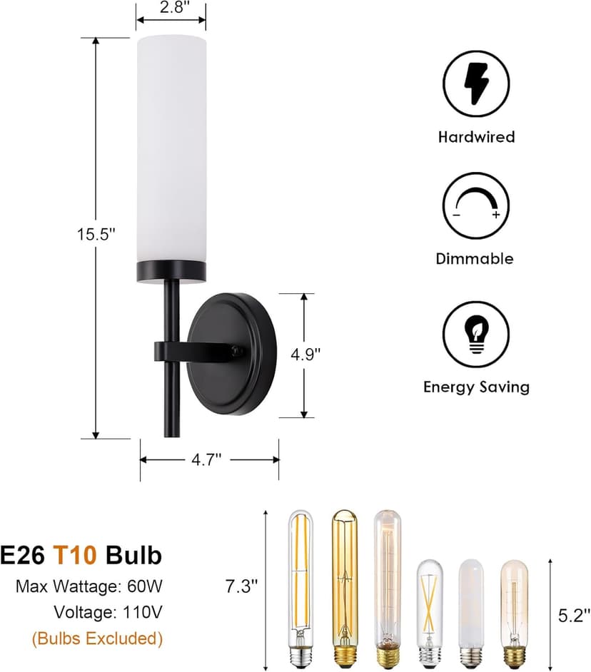 Black Bathroom Wall Sconces Set of 2, Modern Sconces Wall Lighting Vanity Lights with Opal White Glass Shade, Farmhouse Wall Mount Lamp for Mirror Living Room Bedroom Hallway Kitchen Stairs