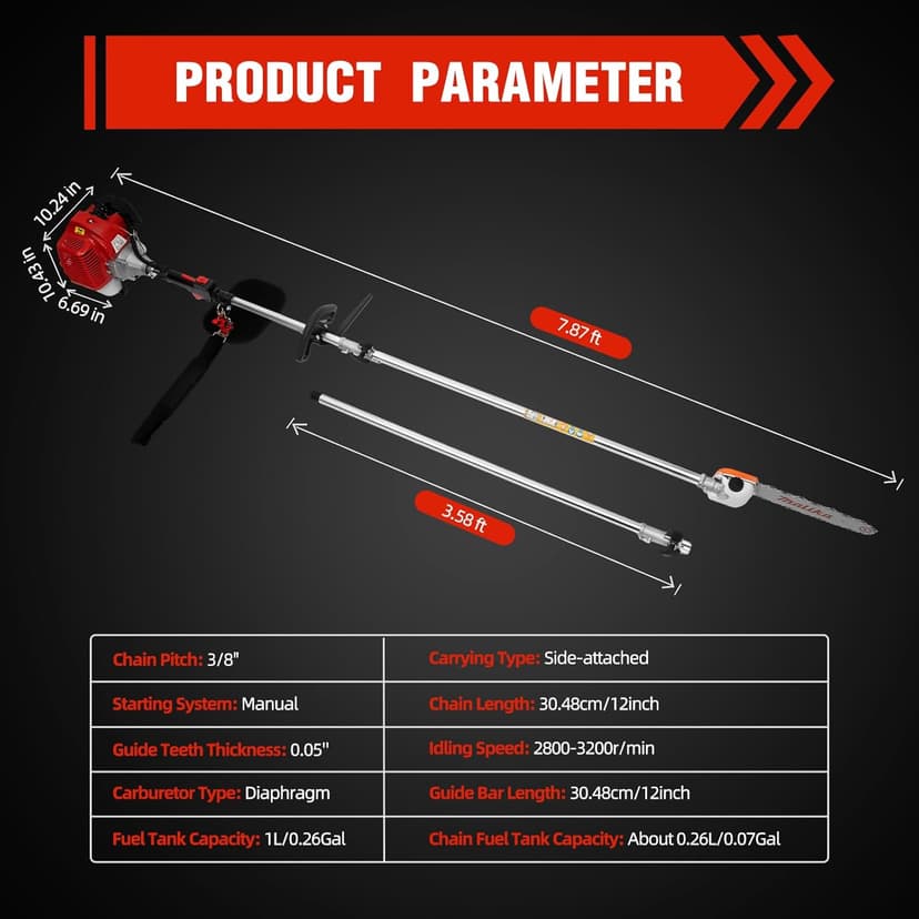 42.7CC Gas Powered Pole Saws 2-Stroke Gas Pole Saws For Tree Trimming with Single-Cylinder and Air-Cooled, Pole Chainsaw Suitable for Pruning Branches and Leaves in Orchards and Urban Greenery