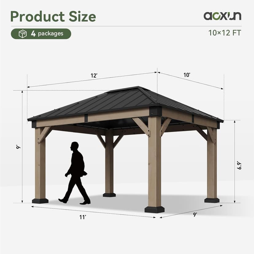 Aoxun 10' x 12' Outdoor Wood Gazebo, Hardtop Gazebo Permanent Wooden Pavilion with Galvanized Steel Roof, for Patio, Garden, Deck, Cedar Wood