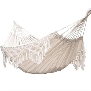 Hammock Brazilian Double Hammocks Soft Comfortable Fabric Cotton Canvas Hanging Portable Two Person Hammock Boho Fringe Large for Adults Backyard Travel