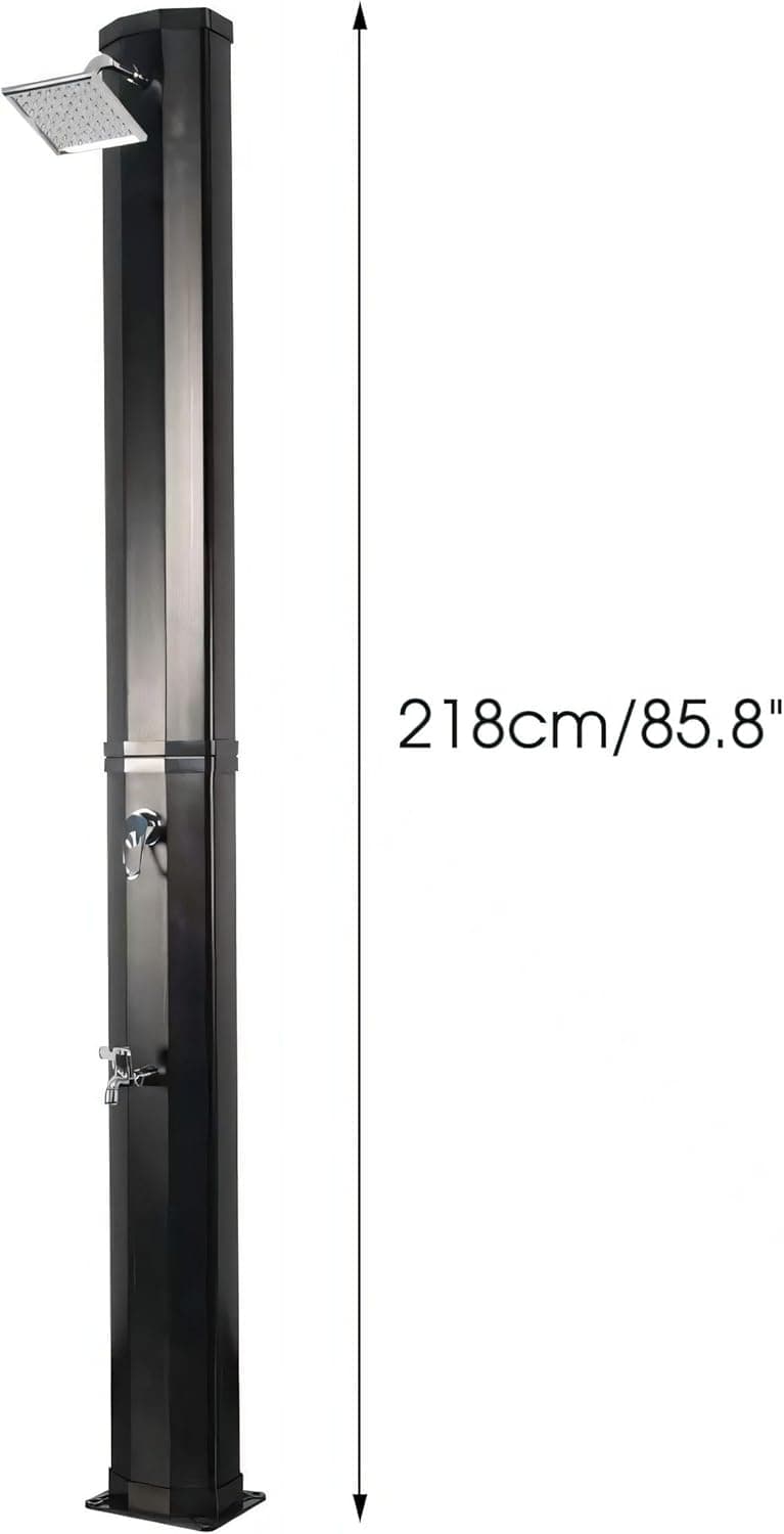 7.2 FT Outdoor Solar Heated Shower, 9.3 Gallon Shower with Shower Head and Foot Shower Tap for Poolside Backyard Beach Pool Spa, Black