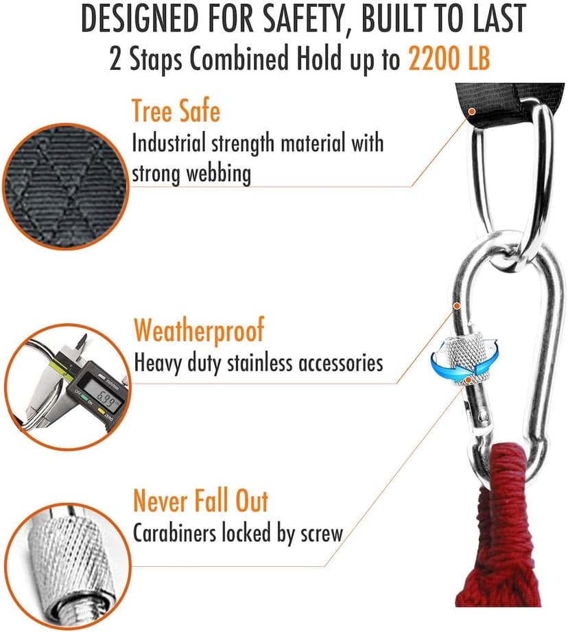 Tree Swing Hanging Straps Kit, Heavy Duty Holds 2200LBS 5FT Extra Long, with Safer Lock Snap Carabiners & Carry Pouch Bag