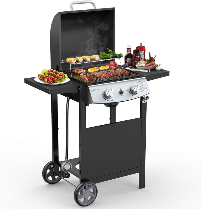 Cowsar 2 Burner BBQ Propane Gas Grill, Stainless Steel 20000 BTU, Equipped with Sides Burner and 4 Wheels for Easy Mobility, Ideal for Outdoor Kitchens and Backyard Patio Barbecues