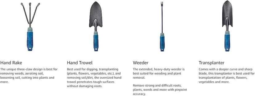 4 Piece Garden Tool Set Heavy Duty, Gardening Hand Tools Work No-Slip Grip Trowel Transplanter Weeder Hand Rake, Ergonomic Handle Indoor Outdoor