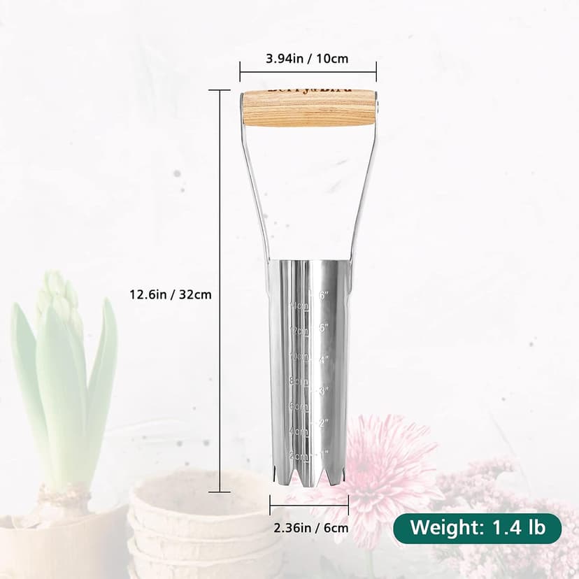 Garden Bulb Planter with 6 inches Depth Mark, Garden Bulb Transplanter Tool with Wooden Handle, Stainless Steel Soil Release Tool for Transplanting Digging Planting Flowers
