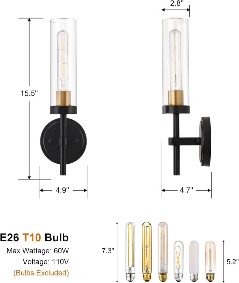 Black and Gold Hardwired Wall Sconces Set of 2, Modern Bathroom Vanity Sconces Wall Lighting with Clear Glass Shade, Farmhouse Wall Mount Lights for Mirror Bedroom Living Room Hallway Kitchen